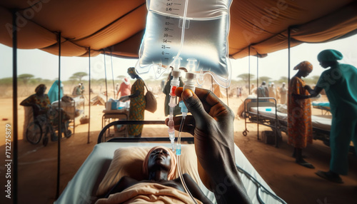 An African child in a temporary medical tent hospital in Africa , Iv drip, African nurse photo