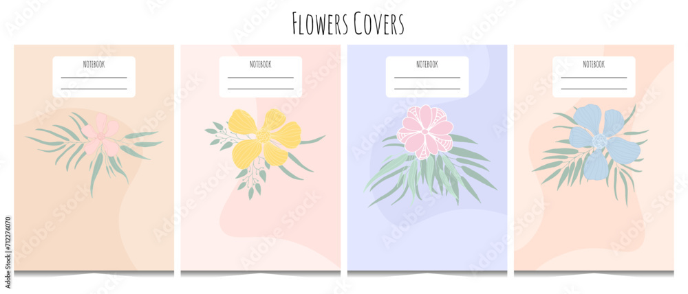 Set of A4 cover templates with floral doodle elements. Elegant notebook covers. Hand drawn doodle elements with flower and leaves. Isolated on white background.