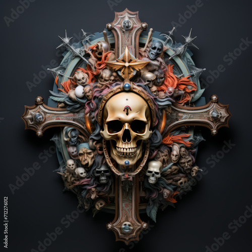 A dark colorful jesus cross with skulls