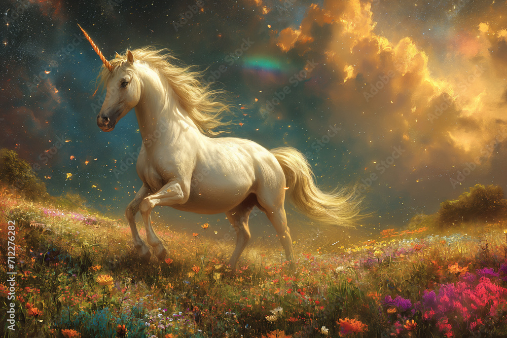 White Unicorn amid Blooms Beneath Stars- Evening Sky and Clouds White Unicorn amid Blooms Beneath Stars- Evening Sky and Clouds