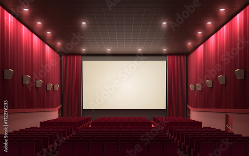 3d render cinema stage (sound system, spectacular lighting, upholstered in red fabric)
