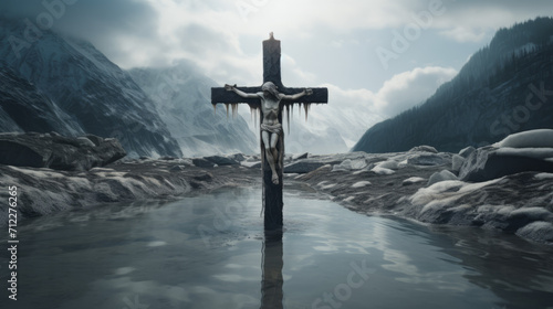 A jesus cross of the top of snowy mountain