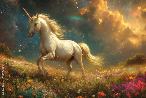 White Unicorn amid Blooms Beneath Stars- Evening Sky and Clouds