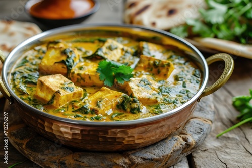 North Indian Methi Malai Paneer a popular dish served with Roti or Paratha captured in a Karahi with selective focus