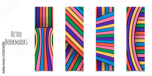 Bookmarks set with abstract colored stripes. Template for printing student and school bookmarks. Rectangle bookmarks in retro color palette. Isolated on white background.