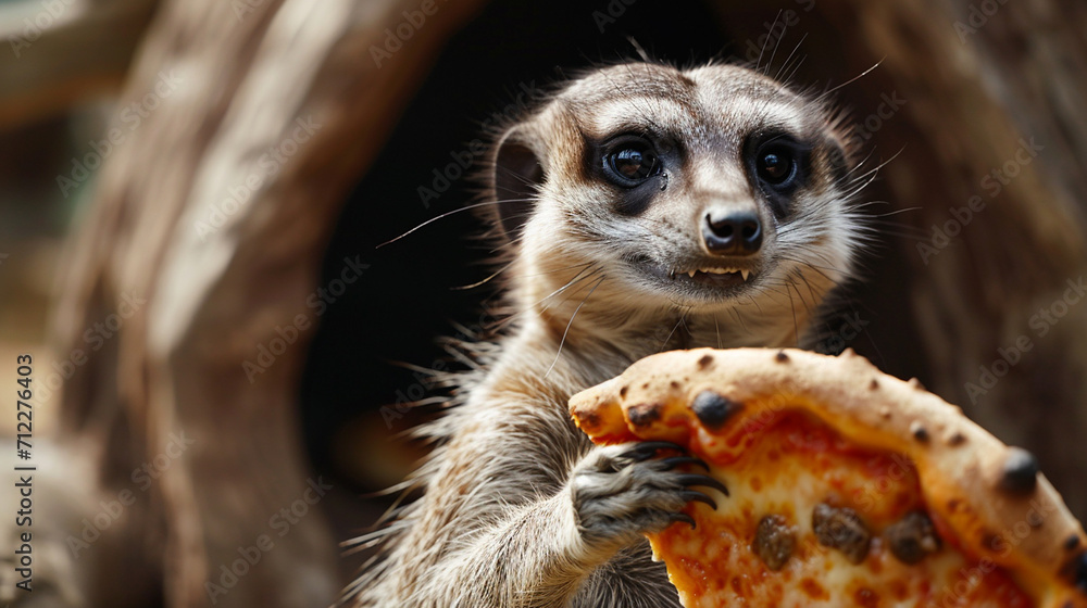 meerkat eating pizza close-up meerkat eating pizza close-up