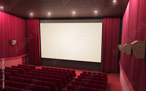 3d render cinema stage (sound system, spectacular lighting, upholstered in red fabric)
