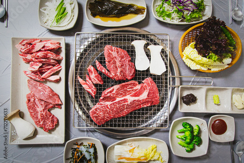 Full set of Korean BBQ, Korean dinner table. photo