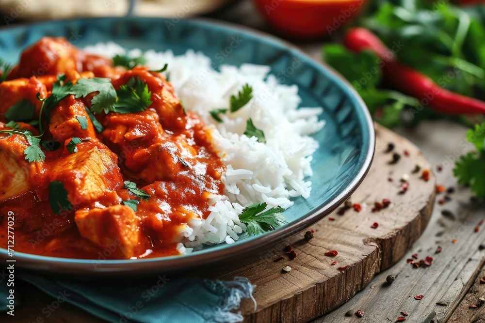 Delicious chicken tikka masala and rice on a wooden table Delicious chicken tikka masala and rice on a wooden table