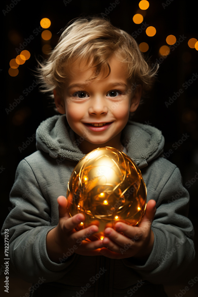 Naklejka premium A child ecstatically holding a golden egg, symbolizing a special and coveted find during the Easter egg hunt.