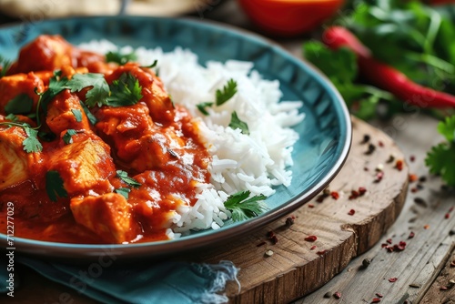 Delicious chicken tikka masala and rice on a wooden table
