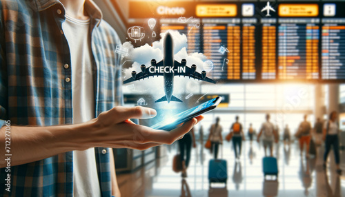 Traveler uses phone for airport check-in, with 'check-in' floating above and plane on display. Highlights the ease of digital check-ins. AI Generated. photo