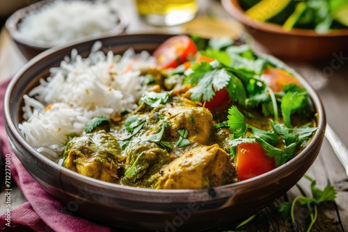 Asian style Afghani chicken or Hariyali tikka chicken with rice in green curry or hara masala