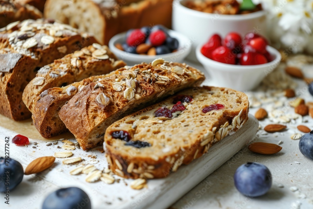 Organic rusks with various toppings and ingredients on a white table closeup
