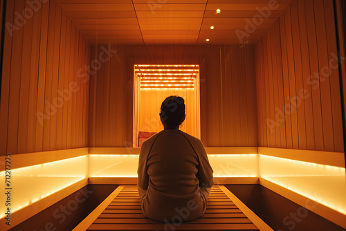 A person sitting in an infrared sauna surrounded by soft, warm light. photo