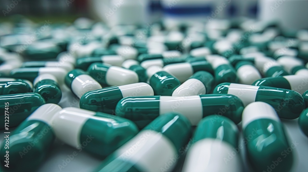 Obraz premium Antibiotic capsule pills on a white background. Prescription drugs. Colorful capsule pills. Antibiotic drug resistance concept. Pharmaceutical industry. Superbug problems. Medication and pharmacology