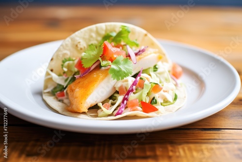 baja fish taco with creamy slaw and a wedge of lime