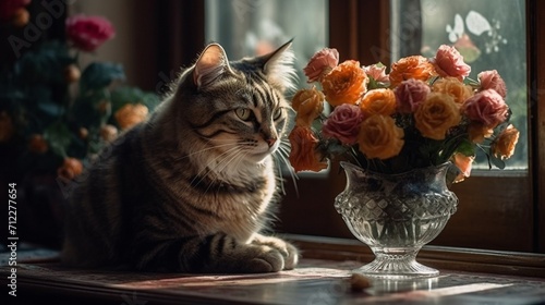 A cat sitting on the table next to flowers