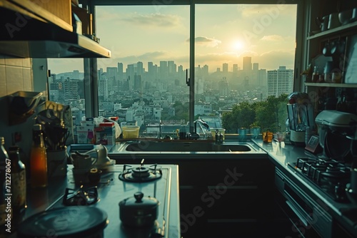 A modern kitchen in a condominium with views of the city and the morning sun. photo