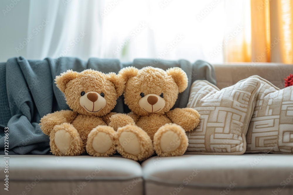 Two stuffed bears on a couch symbolize love and unity