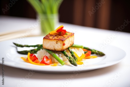 pan-seared tofu with asparagus and red chili photo