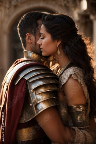 A Man and a Woman in Roman Armor, Ready for Battle. Generative AI.