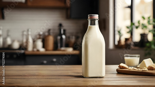 Mockup of a blank white milk bottle on kithen background, Empty reusable bottle template, Generative AI photo