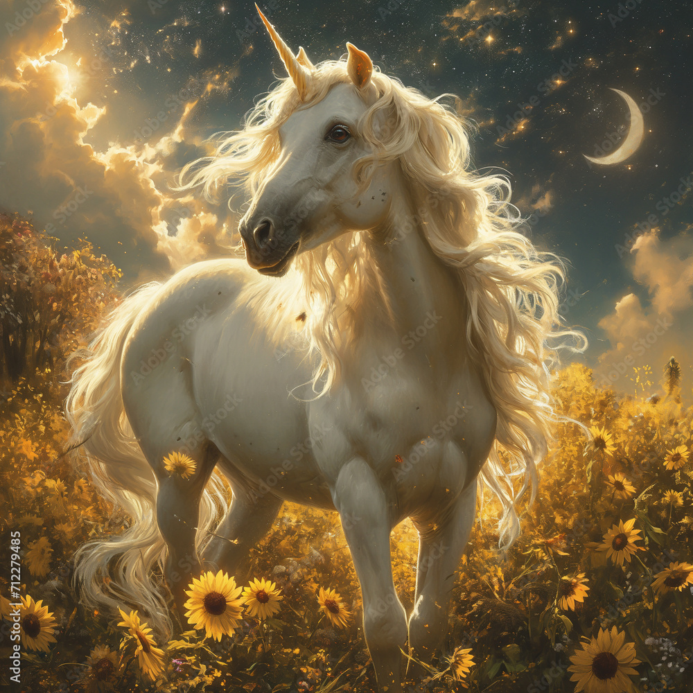 Majestic White Unicorn Amidst Sunflowers under the Evening Sky with Moon, Stars, and Clouds Majestic White Unicorn Amidst Sunflowers under the Evening Sky with Moon, Stars, and Clouds