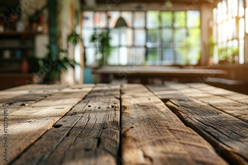 Blurred schooler room with rustic wood table for product display photo