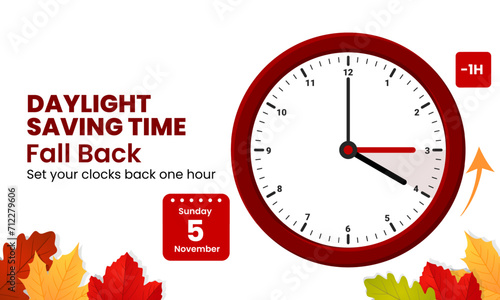 Daylight saving time concept. Clocks are set one hour back. Fall back, winter time web banner. Vector illustration