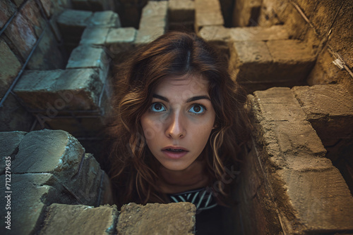Portrait of a woman stuck in a labyrinth, showing the concept of a personal journey, mental health, stress, or difficulties making choices or decisions