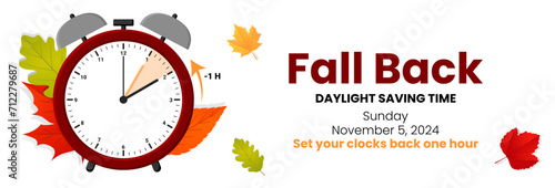 Daylight Saving Time is Over. The clock turns back one hour on November 5, 2024. Fall back concept banner. Vector illustration photo