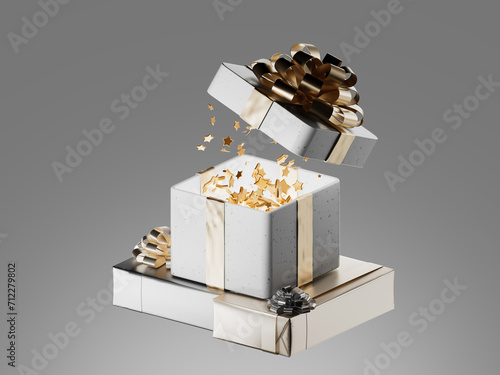 Merry New Year and Merry Christmas 2025 white gift boxes with golden bows and gold sequins confetti. Gold metal texture