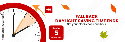 Daylight saving time concept. Clocks are set one hour back. Fall back, winter time web banner. Vector illustration