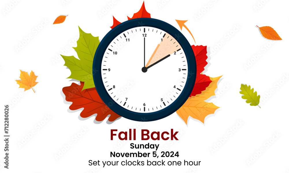 Daylight Saving Time is Over. The clock turns back one hour on November 5, 2024. Fall back concept banner. Vector illustration Daylight Saving Time is Over. The clock turns back one hour on November 5, 2024. Fall back concept banner. Vector illustration