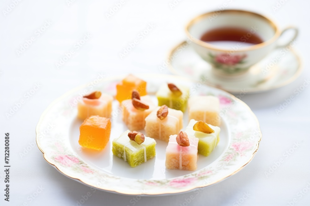 turkish delight pieces on a white plate, pistachio topping, with a tea glass