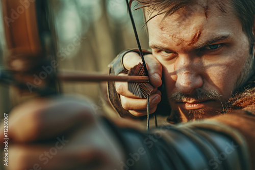 A male archer ready to take the shot, archery and focus concept