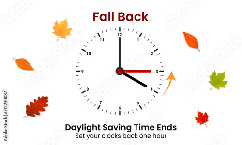 Daylight saving time concept. Clocks are set one hour back. Fall back, winter time web banner. Vector illustration