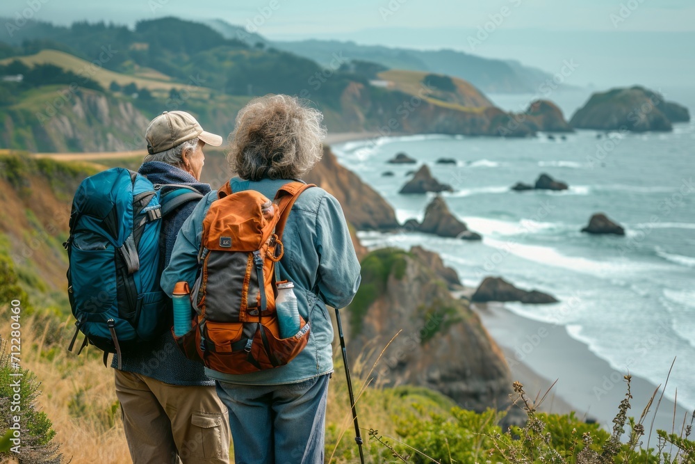 Senior couple admiring the scenic Pacific Ocean coast while hiking, filled with wonder at the beauty of nature during their active retirement