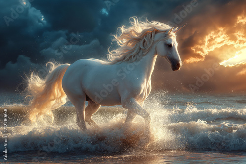 Unicorn s Mane Dancing in Sunlit Sprays Amidst Dark Clouds Over the Ocean Waves