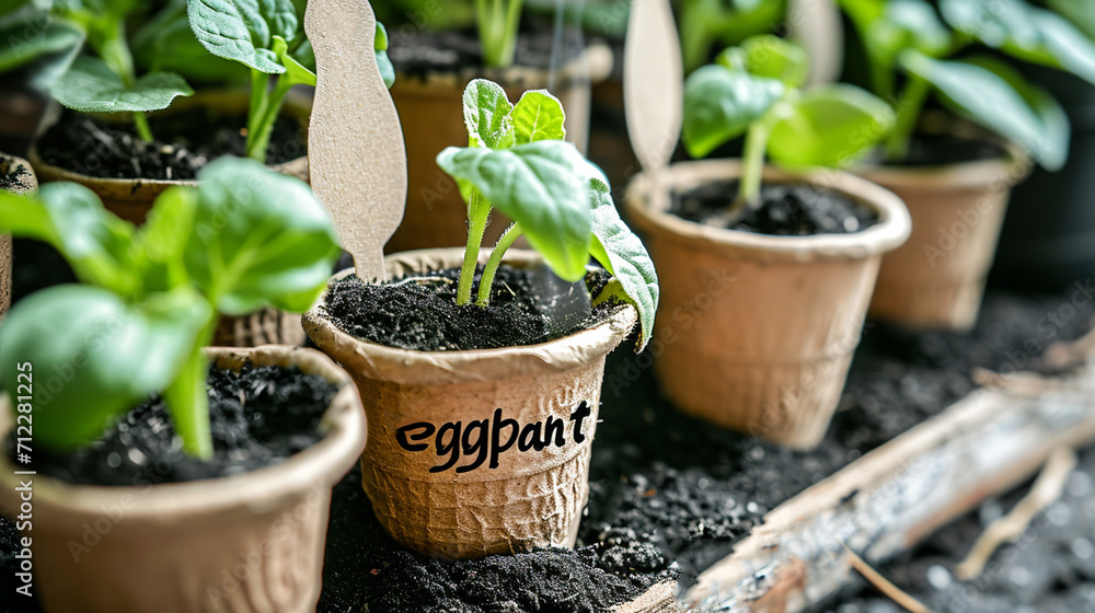 eggplant seedlings in pots close-up eggplant seedlings in pots close-up