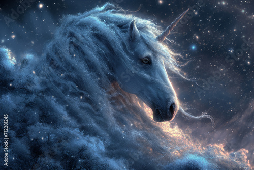 A White Unicorn Sitting in the Snow, Blanketed in Glistening Snowflakes, under the Dark Blue Night with Evening Sunlight © artefacti