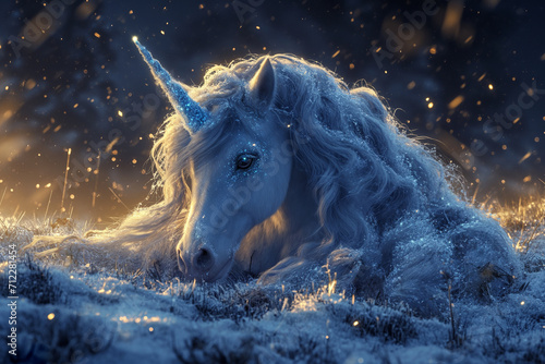 A White Unicorn Sitting in the Snow  Blanketed in Glistening Snowflakes  under the Dark Blue Night with Evening Sunlight