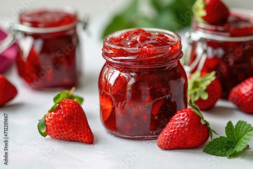 Jar with strawberry jam on white table