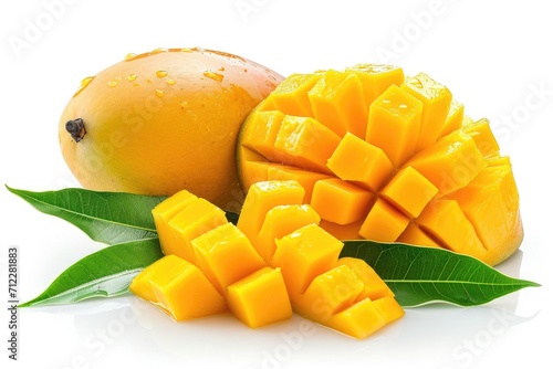 Half of a sliced mango with leafy air on a white background photo