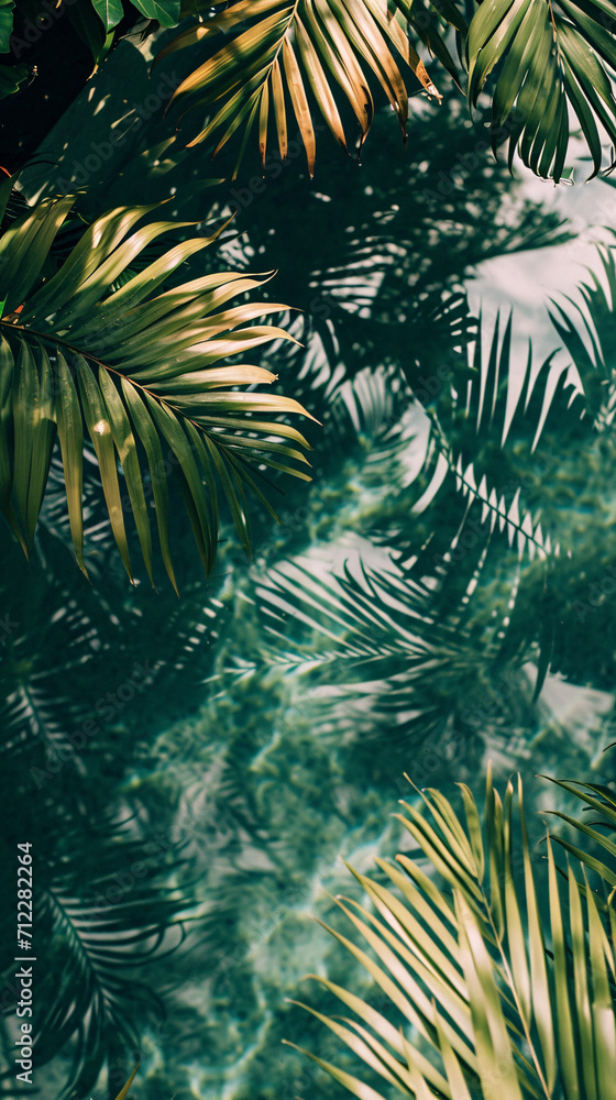 Water surface with tropical leaves, summer themed background 