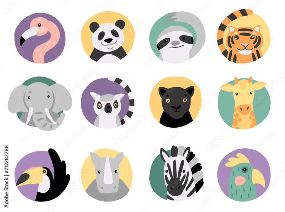 Wild rainforest animals. Vector illustrations of tropical animals - flamingo, elephant, sloth, panda, tiger, lemur, giraffe, zebra. Hand-drawn cartoon icons. Wild rainforest animals. Vector illustrations of tropical animals - flamingo, elephant, sloth, panda, tiger, lemur, giraffe, zebra. Hand-drawn cartoon icons.