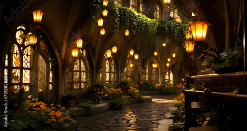 a church corridor with lanterns and flowers