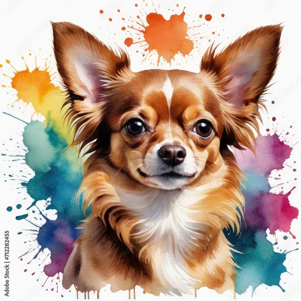 Watercolor chocolate chihuahua dog with watercolor splashes