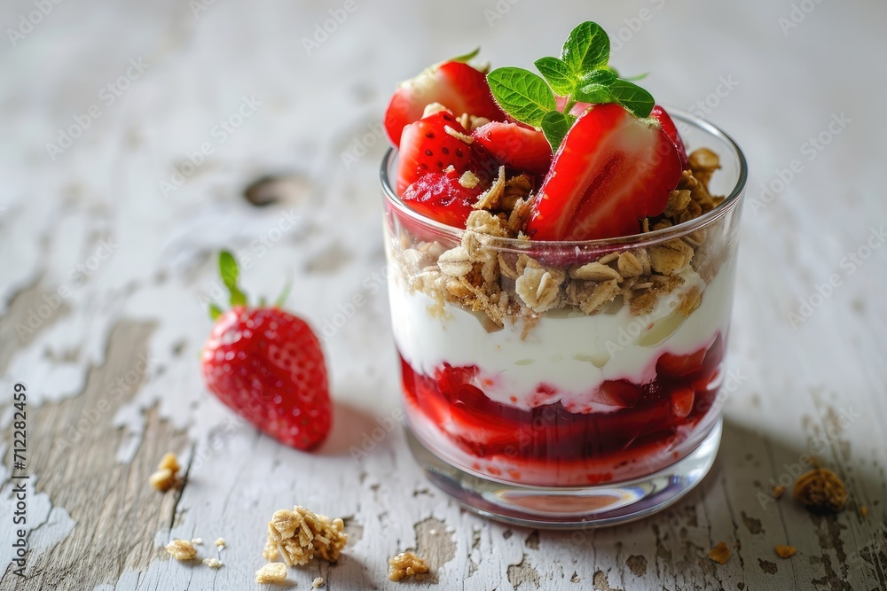 Healthy layered dessert with fresh strawberries cream cheese yogurt granola and strawberry jam served in a glass on a white wood background Healthy layered dessert with fresh strawberries cream cheese yogurt granola and strawberry jam served in a glass on a white wood background